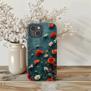 Custodia per iPhone Red Poppies - Design botanico floreale, regalo per lei, compatibile con iPhone 16, Galaxy Quest 24, Google Pixel, custodia con fiori selvatici