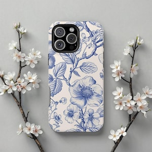 MagSafe iPhone-hoesje Delfts blauwe bloesem, magnetische oplaadhoes, elegante bloemenbehuizing, past op iPhone 16 Pro Max tot iPhone 13, cadeau voor haar