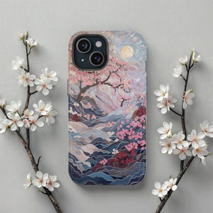 Japanse kersenbloesem MagSafe iPhone-hoesje, hoes voor draadloos opladen voor iPhone 16 Pro Max tot iPhone 13, Sakura and Waves-behuizing, cadeau voor haar