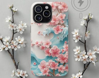 Sakura Wave iPhone Case, MagSafe Compatible Japanese Cherry Blossom Floral Cover for iPhone 17 16 15 14 13, Cute 3D Looking Spring Gift