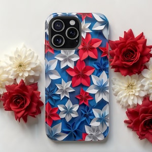Rood wit blauwe bloemen MagSafe iPhone-hoesje, draadloze oplaadhoes, patriottische Amerikaanse behuizing, iPhone 16 Pro Max tot iPhone 13, cadeau voor haar