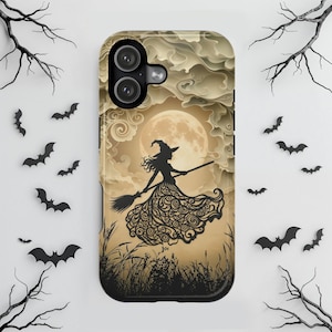 May include: A black smartphone case featuring a graphic illustration of a witch flying on a broomstick against a large full moon. The design includes swirling clouds, a silhouette of tall grass at the bottom, and a beige and brown color palette.