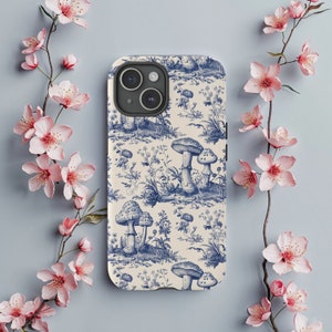 Delftsblauwe botanische paddestoel stoer iPhone-hoesje, vintage geïnspireerde hoes, past op alle iPhone-modellen, Galaxy Quest, uniek cadeau voor natuurliefhebbers