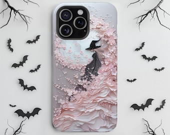 Halloween Witch and Blossoms MagSafe iPhone Case, Magnetic Charge Phone Cover, Fits iPhone 17 Pro Max to iPhone 13, Spooky Gift for Her,