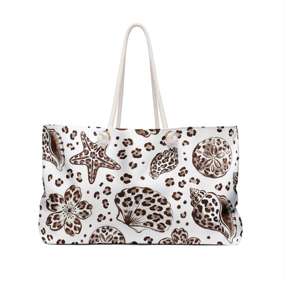 animal print travel tote bag Leopard Seashell Weekender Bag, Coastal Animal Print Travel Tote, Beach Overnight Bag with Premium Rope Handles, Vacation Getaway Beach Tote
