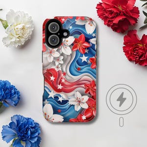 American Floral Phone Case, Red White & Blue Phone Cover, iPhone 16 15 14 MagSafe Compatible, Patriotic Themed, 4th of July, Gift for Her