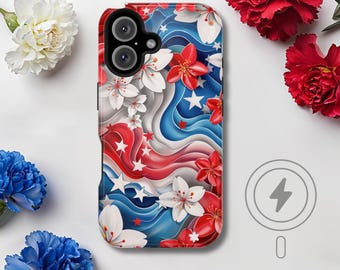 American Floral Phone Case, Red White & Blue Phone Cover, iPhone 16 15 14 MagSafe Compatible, Patriotic Themed, 4th of July, Gift for Her
