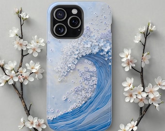May include: A smartphone case featuring a stylized blue ocean wave design that transitions into a cluster of light blue and white cherry blossoms. The wave has textured, layered blue lines, while the blossoms appear to scatter across the surface.