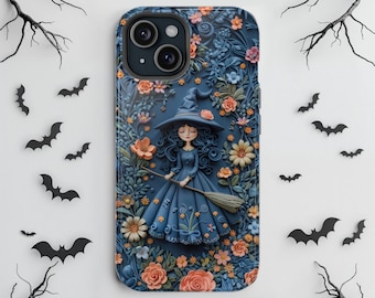 Whimsical Witch & Floral Halloween MagSafe iPhone Case - Wireless Charge Cover for iPhone 16 Pro Max to iPhone 13, Spooky Gift For Halloween
