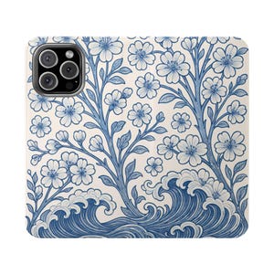Delft Blue Flower and Wave Flip Phone Case, Faux Leather Wallet for iPhone & Galaxy, Card Holder Folio, Coastal Floral Gift Idea