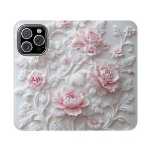 Elegante funda de piel sintética con diseño floral rosa y tarjetero para iPhone y Galaxy, estilo billetera, con ranuras para tarjetas, función atril, regalo ideal.
