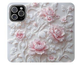 Elegant Pink Floral Faux Leather Flip Case with Card Holder, Wallet Style iPhone & Galaxy with Card Slots, Stand Function, Gift for Her