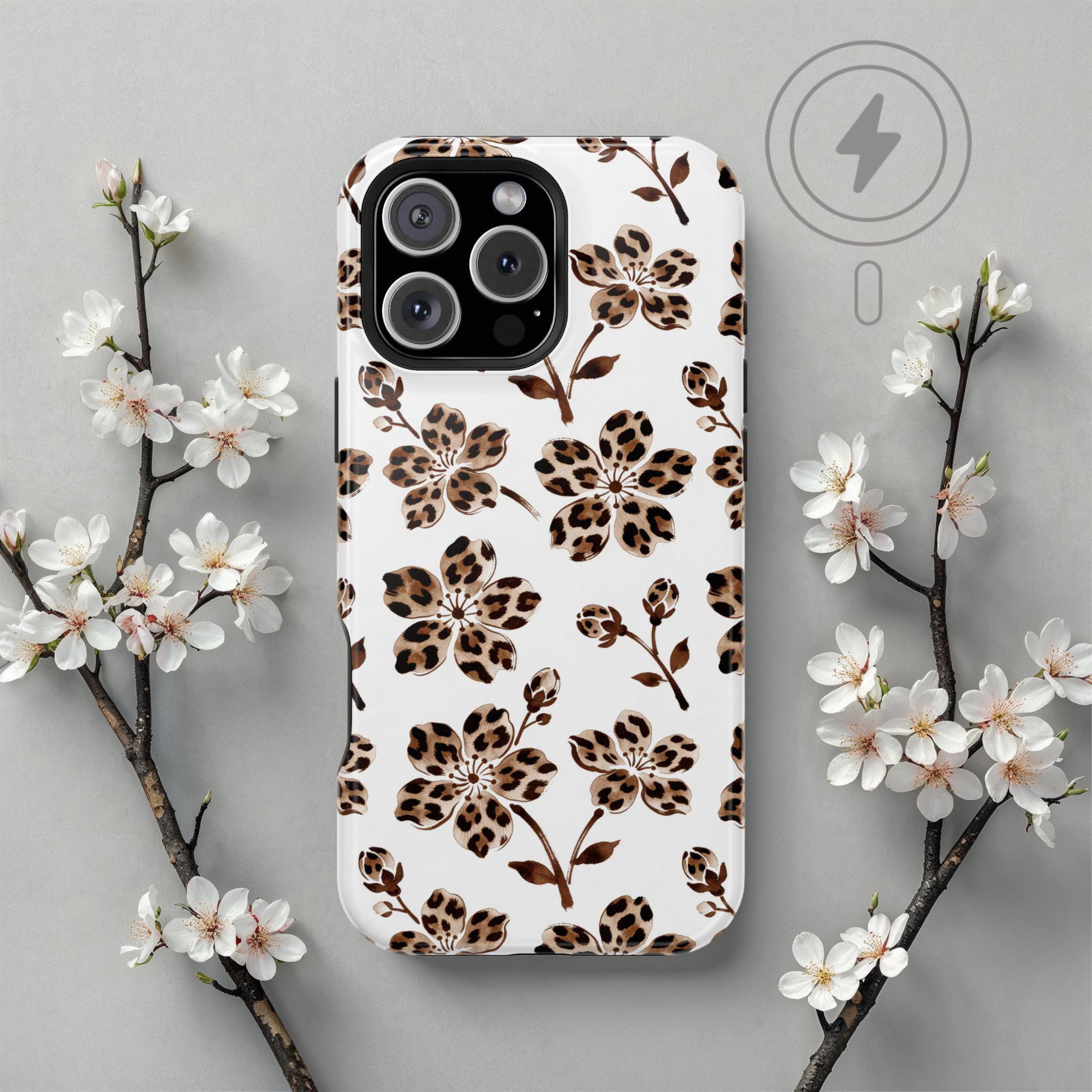 Leopard Floral iPhone Magsafe Case, Safari Flower Pattern Phone Leopard Floral iPhone Magsafe Case, Safari Flower Pattern Phone