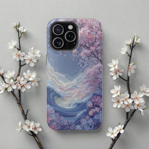 Cherry Blossom Ocean Wave iPhone Case, Purple Pastel MagSafe Cover for iPhone 13 14 15 16 17 Japanese Nature Art Print Gift for Her Him