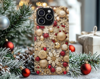 May include: A smartphone case featuring a festive holiday pattern of gold and red ornaments, intricate snowflakes, and poinsettia flowers. The design includes small gold beads, jingle bells, and star-shaped decorations on a clear background.