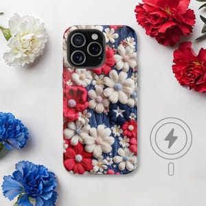 Red White & Blue Floral MagSafe iPhone Case, Patriotic 3D Flower Design, USA 250th Anniversary Phone Cover for iPhone 16 Pro Max, 15, 14, 13