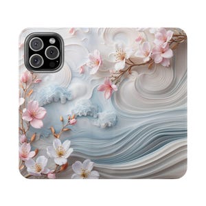 Funda tipo cartera con diseño de flor de cerezo, de piel sintética para iPhone y Galaxy, estilo folio con tarjetero y soporte, diseño de ondas florales pastel.