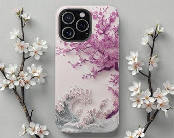 Sakura Wave MagSafe iPhone Case, Cherry Blossom & Great Wave Art, Japanese Ocean Blossom Case for iPhone 17 Pro Max 16 15 14 13 Gift for Her