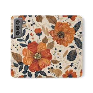 Étui pour téléphone à rabat floral automne, motif floral bohème rétro vintage, housse portefeuille en cuir pour iPhone et Samsung avec porte-cartes, cadeau pour elle
