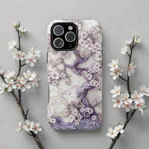May include: A smartphone case featuring a detailed illustration of a winding tree with purple-toned bark and numerous white cherry blossoms. The design includes swirling, wave-like patterns in shades of light purple and cream across the surface.