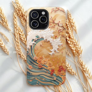 Autumn Sakura Wave MagSafe iPhone Case, Wireless Charge, Autumnal Ocean Wave Casing, iPhone 17 Pro Max to iPhone 13, Fall Gift For Him, Her