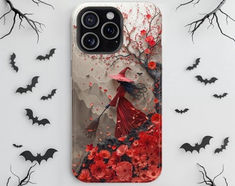 Halloween Witch and Blossom MagSafe iPhone Case, Fits iPhone 17 Pro Max to iPhone 13, Spooky October Floral Cover, Halloween Gift For Her