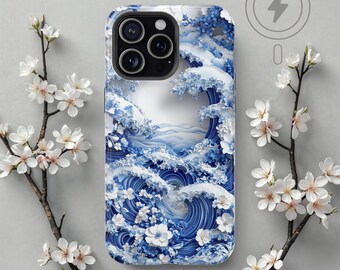 Blue Ocean Wave & Sakura Blossom MagSafe Hülle für iPhone 17 Pro Max bis 13, magnetische Schutzhülle, japanisches Great Wave Floral Design