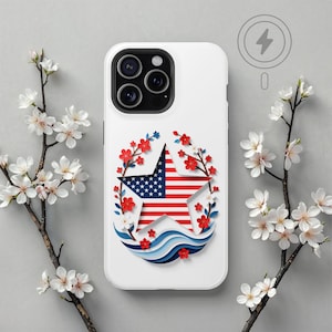 American Flag Star Floral iPhone Case, MagSafe Compatible Red White Blue Patriotic Cover for iPhone 16 15 14 13 Pro Max, Independence Day