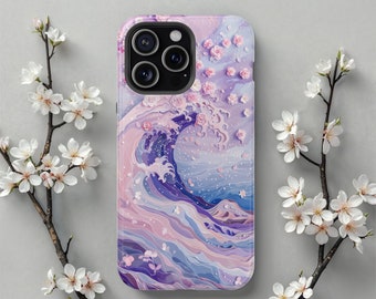 May include: A phone case featuring a pastel wave design with pink cherry blossoms. The case has a purple, blue, and pink color scheme. The phone case is surrounded by white cherry blossom branches.