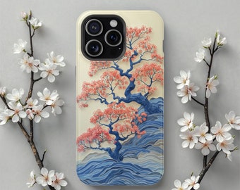 Sakura MagSafe iPhone Hülle Kirschblüte & Meereswellen Japanische Kunst iPhone Cover Wireless Ladeschutz für iPhone 17 Pro Max, iPhone 13