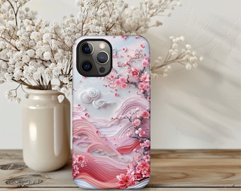 Sakura Clouds Tough Phone Case - Pink Cherry Blossom & Waves Cover Design voor iPhone, Galaxy Quest en Google Pixel, perfect cadeau voor haar