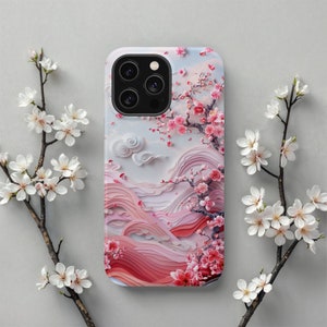 夢のような桜の波模様の MagSafe iPhone ケース - iPhone 16 Pro Max、iPhone 14、iPhone 13 用の桜の電話カバーデザイン、彼女へのギフト