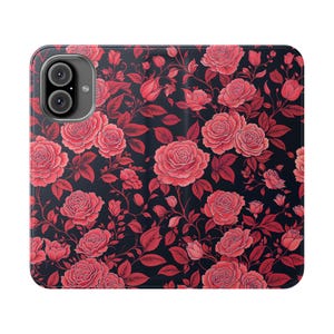 Funda con tapa de rosa roja / Funda de piel vegana con diseño floral para iPhone y Galaxy con ranuras para tarjetas / Funda tipo libro con función atril para mujer / Idea de regalo romántica