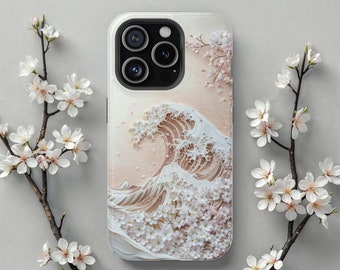 Sakura Wave MagSafe iPhone Hülle, 3D Kirschblüte und Ozeanwelle Schutzhülle, Japanische Große Welle, passend für iPhone 15 Max Pro, 14, 13