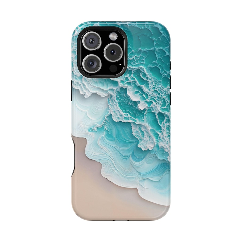 Ocean Wave Art MagSafe Case, featuring a beautifully detailed design that captures the essence of turquoise waves meeting sandy shores. This case adds a calming, beach-inspired aesthetic to your device.