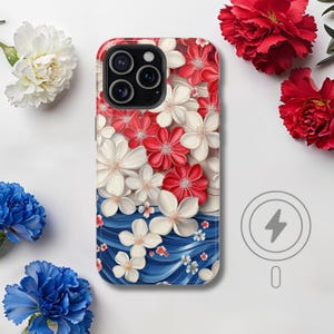 Red White Blue Floral MagSafe iPhone Case, Patriotic Flower Casing iPhone 16, 15, 14, 13 | USA Summer Holiday Protective Cover, Gift for Her