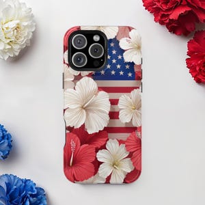 Summer Stars and Stripes Floral Phone Case, 250th American Red White & Blue iPhone MagSafe Cover with Hibiscus American Flag Gift for Her
