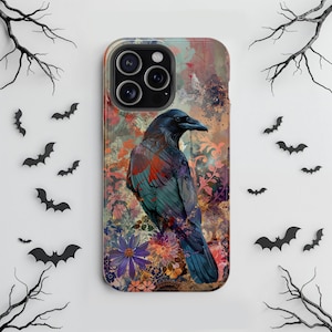 MagSafe iPhone-hoesje bloeiend raaf, kleurrijke Corvid-behuizing, magnetische oplaadhoes, iPhone 16 Pro Max tot iPhone 13, Halloween-cadeau voor haar