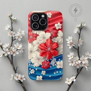 Patriotic Floral MagSafe iPhone Case, Red White & Blue American Flag Flower Phone Cover for iPhone 16 - 13, 250th Anniversary USA Case Gift