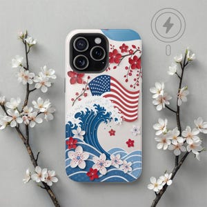 Red White Blue Cherry Blossom iPhone Case, MagSafe Compatible, American Flag Summer Aesthetic iPhone Cover