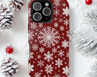 Christmas Snowflake iPhone Case, Red Winter Holiday MagSafe Cover for iPhone 17, 16, 15, 14, 13, Protective Festive Seasonal Case Gift