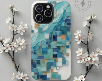 Ocean Tile Mosaic MagSafe iPhone Case, Coastal Mosaic Phone Cover for iPhone 17 16 15 14 13, Blue Wave Beach Aesthetic, Gift for Her