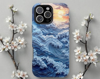 Funda MagSafe para iPhone, Olas de atardecer de verano, Carcasa con carga magnética, iPhone 17 Pro Max 16 15, 14, 13, Olas del océano y nubes, Protector de teléfono de regalo