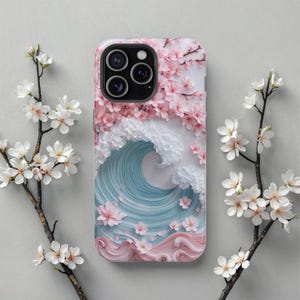 桜の波の MagSafe iPhone ケース、美しい花柄の日本アート iPhone 16、15、14、13 用電話カバー、彼女への春の装飾ギフト