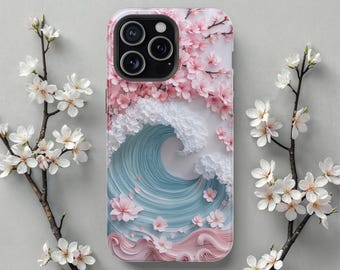 Cherry Blossom Wave MagSafe iPhone Case, Aesthetic Floral Japanese Art Phone Cover for iPhone 17, 16, 15, 14, 13,  Spring Decor Gift For Her