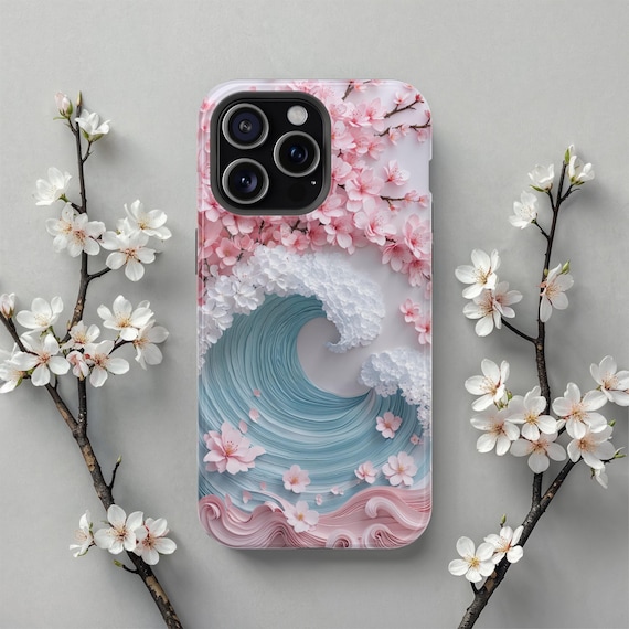 Cherry Blossom Wave MagSafe iPhone Case, Aesthetic Floral Japanese Art Phone Cover for iPhone 17, 16, 15, 14, 13,  Spring Decor Gift For Her