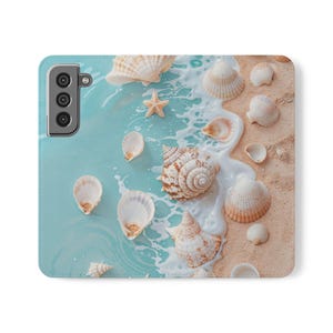 Flip Cases, Seashell Beach Phone Wallet Cover, Summer Ocean Wave Shells Sand Coastal Nautical Case, Beach Vibes Flip Cases, Coastal Phone