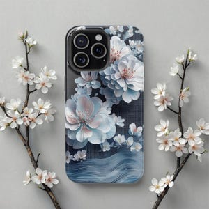 Japanese Floral Magnetic Tough Case for iPhone, MagSafe Cherry Blossom Cover, Floral & Ocean Casing for iPhone 16, 15, 14, 13, Gift for Her