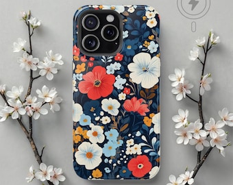 Retro Boho Wildflower MagSafe iPhone Case, Cottagecore Floral Phone Cover for iPhone 17 Pro Max, 16, 15, 14, 13, Botanical Gift for Her