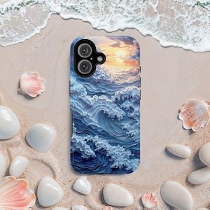 May include: A phone case with a blue and white abstract wave design. The case has a black camera lens cutout and a sunset scene in the top right corner.